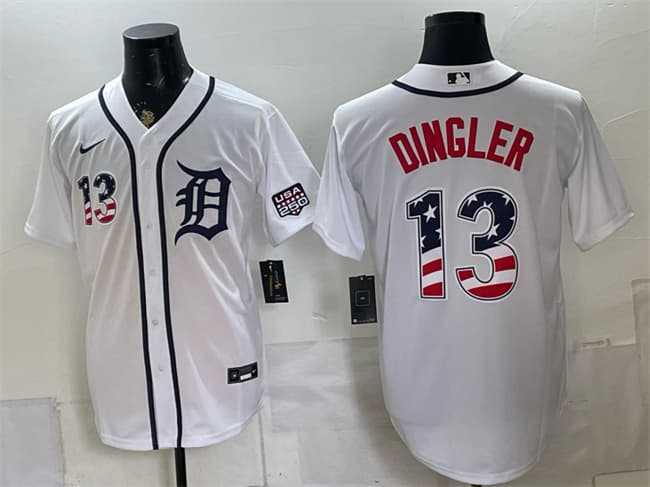 Mens Detroit Tigers #13 Dillon Dingler White 2026 USA 250 Fourth of July Stitched Jersey Dzhi->detroit tigers->MLB Jersey