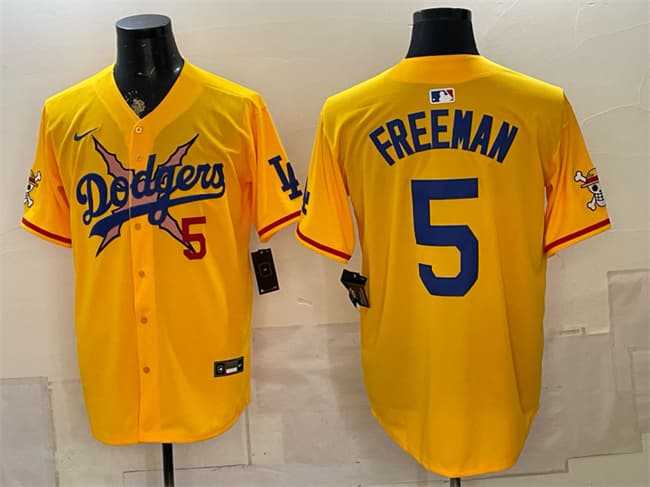 Mens Los Angeles Dodgers x One Piece #5 Freddie Freeman Yellow Vapor Premier Limited Stitched Jersey Dzhi->los angeles dodgers->MLB Jersey