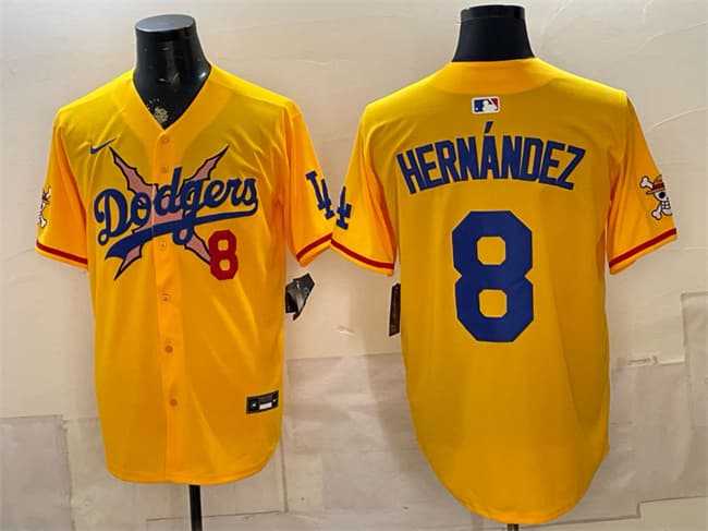Mens Los Angeles Dodgers x One Piece #8 Enrique Hernandez Yellow Vapor Premier Limited Stitched Jersey Dzhi->los angeles dodgers->MLB Jersey