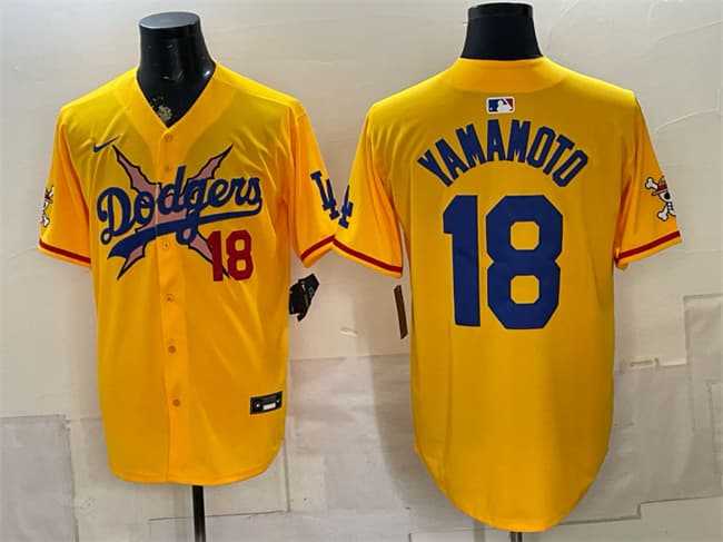 Mens Los Angeles Dodgers x One Piece #18 Yoshinobu Yamamoto Yellow Vapor Premier Limited Stitched Jersey Dzhi->los angeles dodgers->MLB Jersey