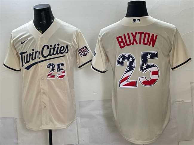 Mens Minnesota Twins #25 Byron Buxton Cream 2026 USA 250 Fourth of July Stitched Jersey Dzhi->minnesota twins->MLB Jersey