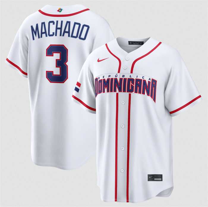 Mens Dominican Republic Baseball #3 Manny Machado White 2026 World Baseball Classic Home Stadium Stitched Jersey