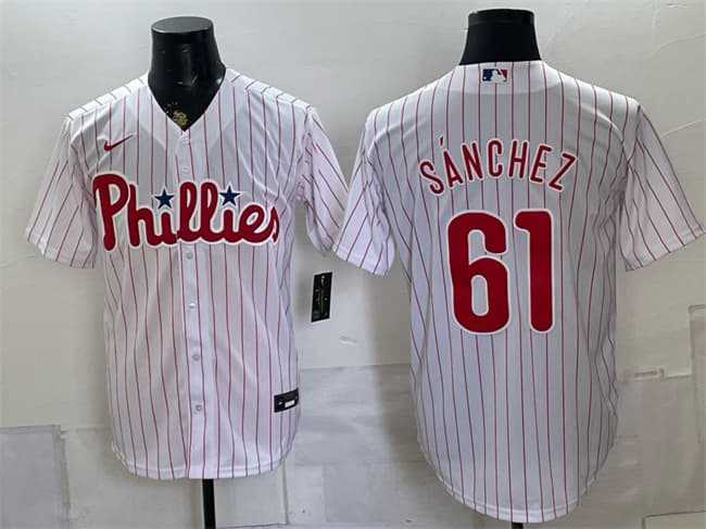 Mens Philadelphia Phillies #61 Cristopher Sanchez White Cool Base Stitched Jersey Dzhi