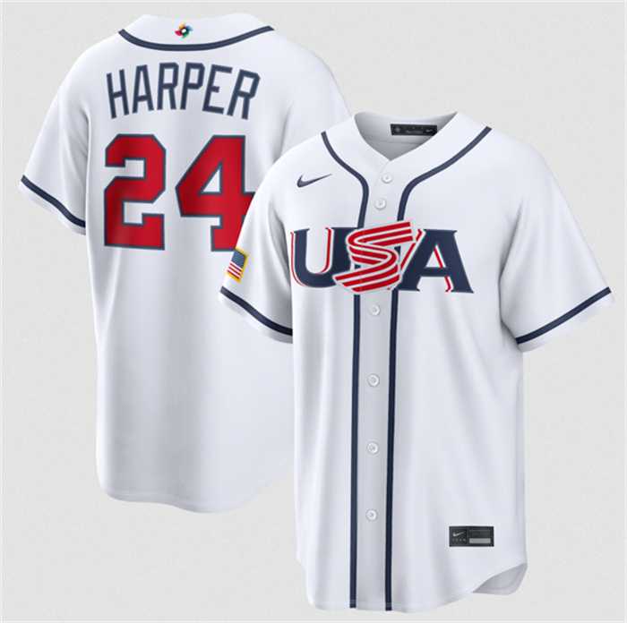 Mens USA Baseball #24 Bryce Harper White 2026 World Baseball Classic Home Stadium Stitched Jersey