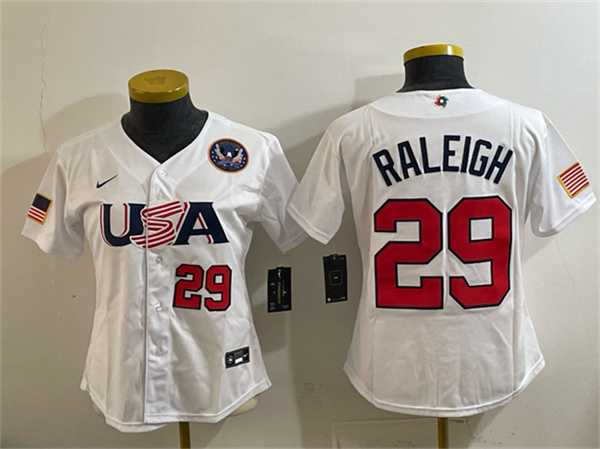 Womens USA Baseball #29 Cal Raleigh White 2026 World Baseball Classic United States 250th Anniversary Patch Stadium Stitched Baseball Jersey(Run Small)