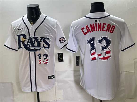 Mens Tampa Bay Rays #13 Junior Caminero White 2026 USA 250 Fourth of July Home Stitched Jersey Dzhi