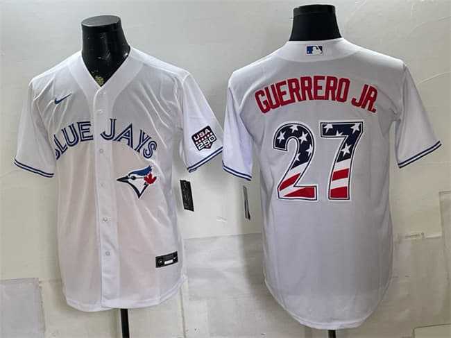 Mens Toronto Blue Jays #27 Vladimir Guerrero Jr. White 2026 USA 250 Fourth of July Stitched Jersey Dzhi