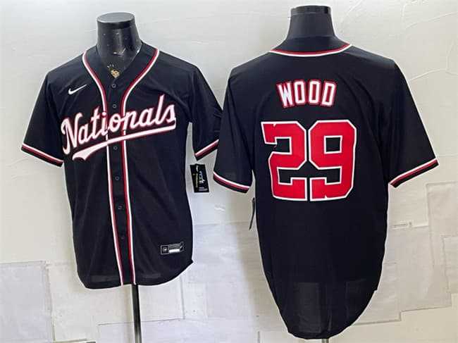 Mens Washington Nationals #29 James Wood 2026 Fashion Replica Black Out Stitched Jersey