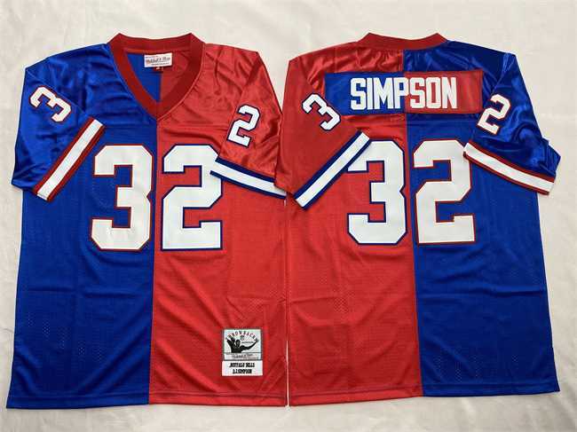 Mens Buffalo Bills #32 O.J. Simpson Blue Red Splite Throwback Stitched Football Jersey Dzhi