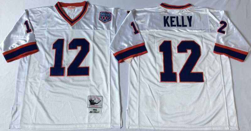 Mens Buffalo Bills #12 Jim Kelly White Throwback Stitched Football Jersey