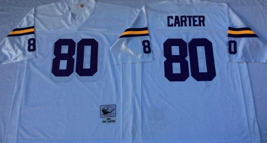 Mens Minnesota Vikings #80 Cris Carter White Throwback Stitched Football Jersey