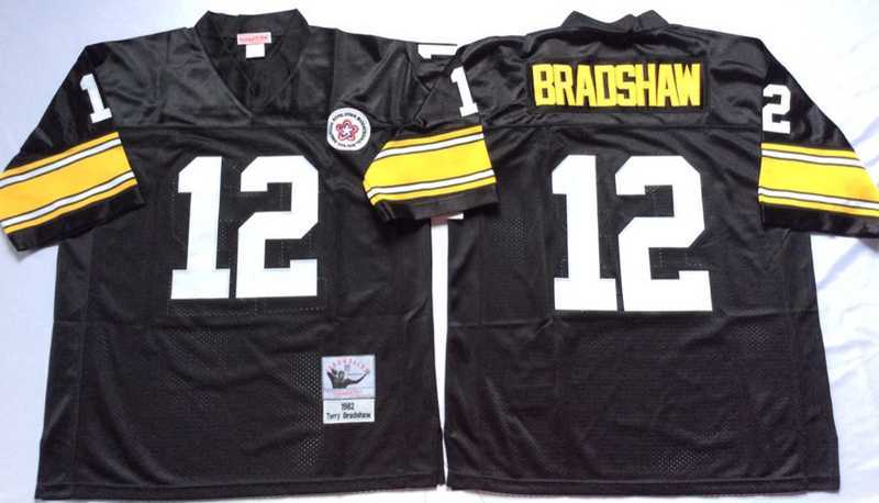 Mens Pittsburgh Steelers #12 Terry Bradshaw Black Throwback Stitched Football Jersey