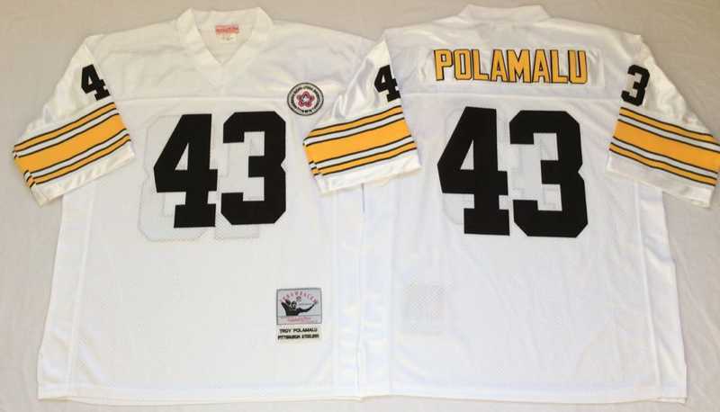 Mens Pittsburgh Steelers #43 Troy Polamalu White Throwback Stitched Football Jersey