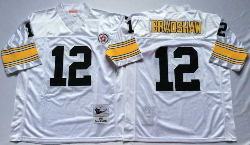 Mens Pittsburgh Steelers #12 Terry Bradshaw White Throwback Stitched Football Jersey