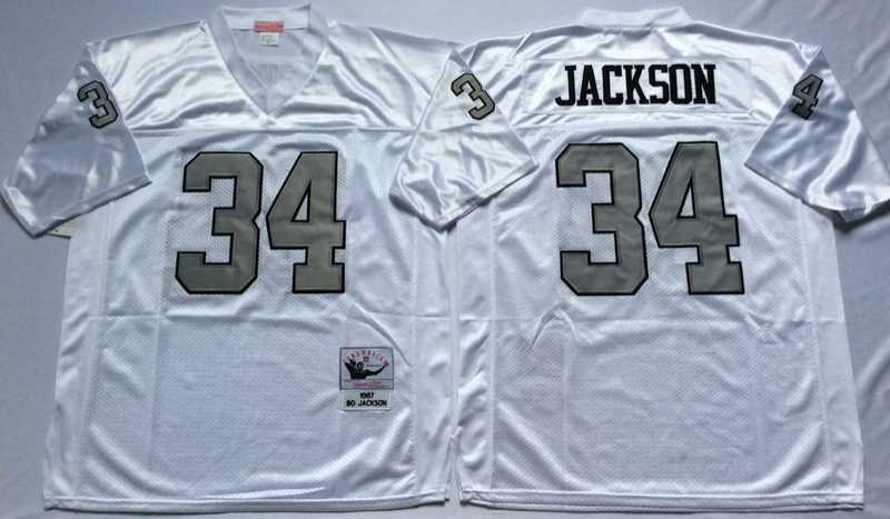 Mens Raiders #34 Bo Jackson White Silver Throwback Stitched Football Jersey