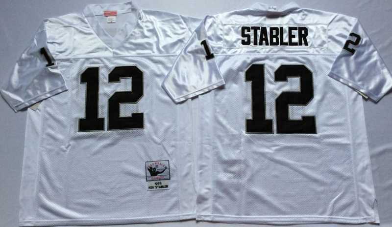 Mens Raiders #12 Ken Stabler White Throwback Stitched Football Jersey