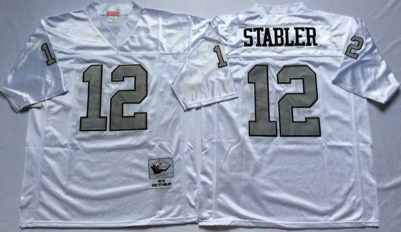 Mens Raiders #12 Ken Stabler White Silver Throwback Stitched Football Jersey