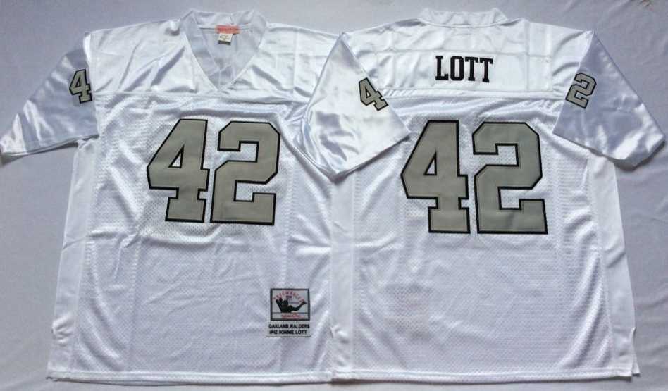 Mens Raiders #42 Ronnie Lott White Silver Number Throwback Stitched Football Jersey