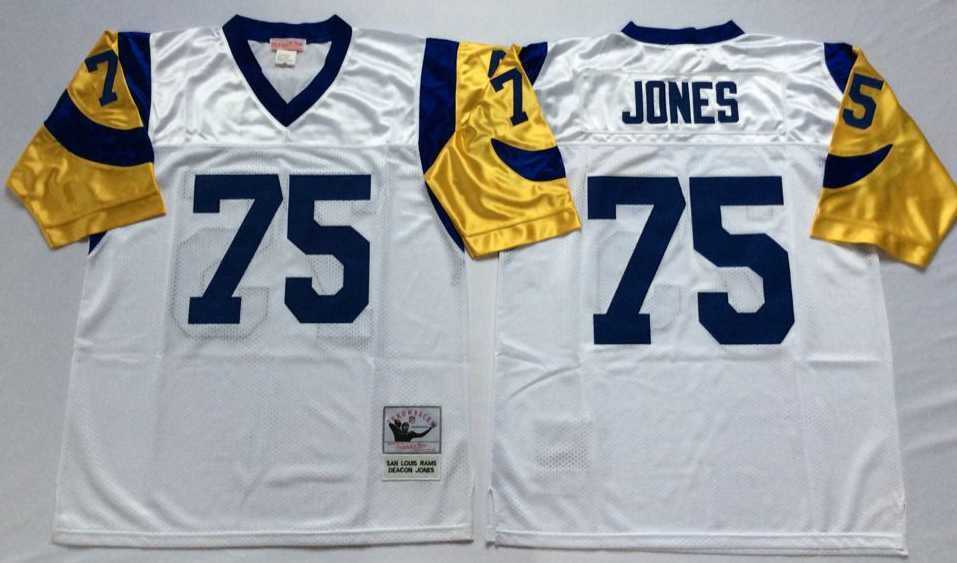 Mens Rams #75 Deacon Jones White Throwback Stitched Football Jersey