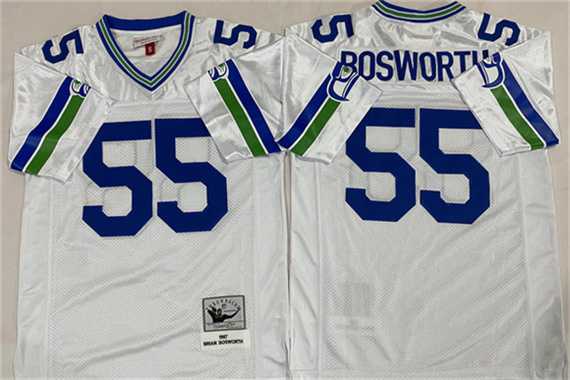 Mens Seattle Seahawks #55 Brian Bosworth White Throwback Stitched Football Jersey
