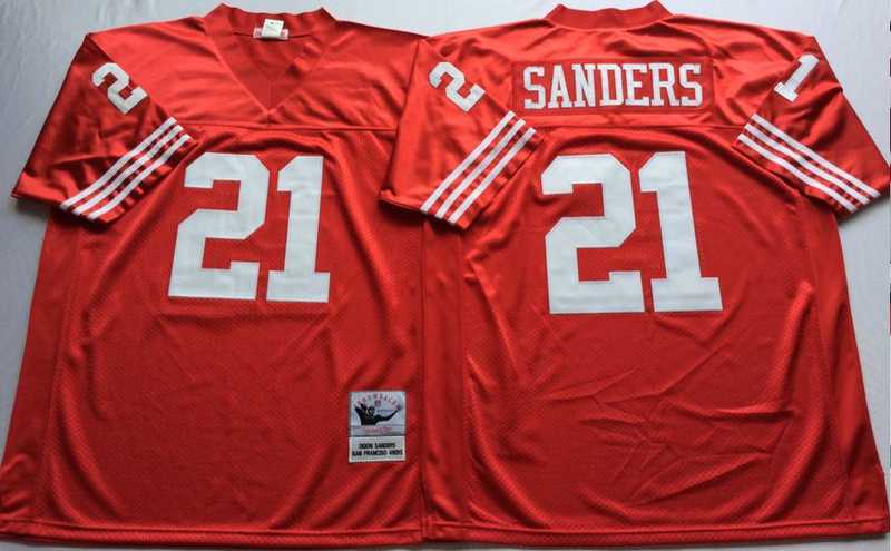 Mens San Francisco 49ers #21 Deion Sanders Red Throwback Stitched Football Jersey