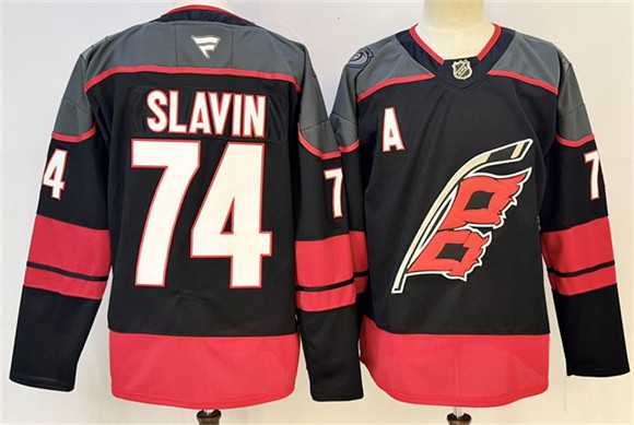 Mens Carolina Hurricanes #74 Jaccob Slavin Black 2024-25 With A Patch Stitched Hockey Jersey
