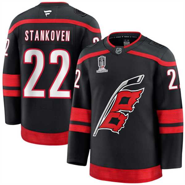 Mens Carolina Hurricanes #22 Logan Stankoven Black 2026 Stanley Cup Champions Home Stitched Jersey Dzhi