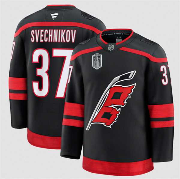 Mens Carolina Hurricanes #37 Andrei Svechnikov Black 2026 Stanley Cup Final Home Premium Stitched Jersey Dzhi