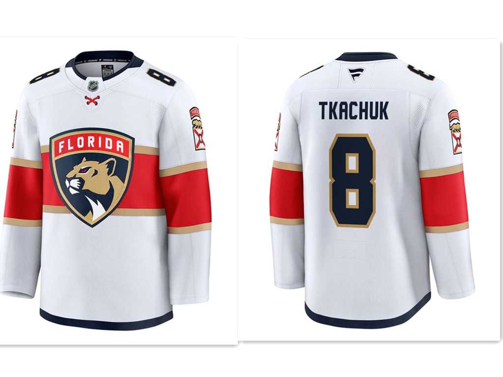 Mens Florida Panthers #8 Brady Tkachuk White Stitched away jersey Dzhi