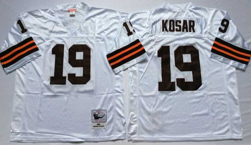 Mens Cleveland Browns #19 Bernie Kosar White Throwback Stitched Football Jersey