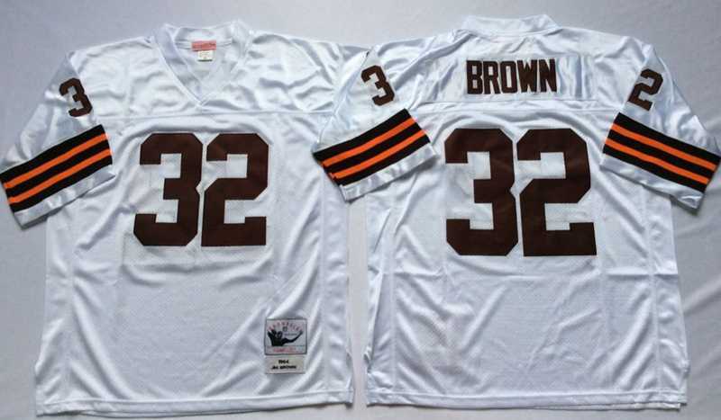 Mens Cleveland Browns #32 Jim Brown White Throwback Stitched Football Jersey