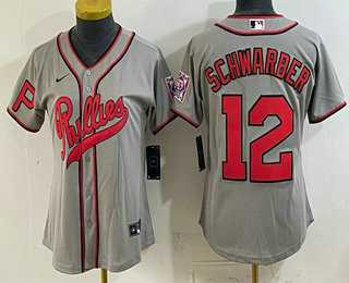 Womens Philadelphia Phillies #12 Kyle Schwarber Name Gray 2026 Field of Dreams Stadium Stitched Jersey