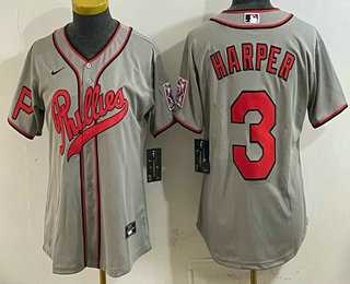 Womens Philadelphia Phillies #3 Bryce Harper Grey 2026 Field of Dreams Stadium Stitched Jersey