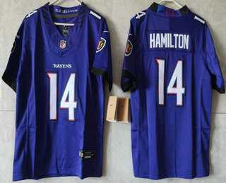 Womens Baltimore Ravens #14 Kyle Hamilton Limited Purple Vapor FUSE Jersey->baltimore ravens->NFL Jersey
