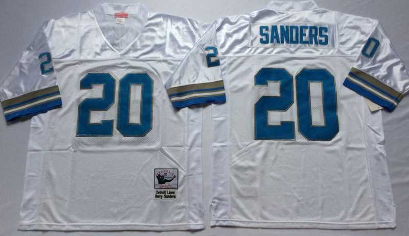Mens Detroit Lions #20 Barry Sanders White Throwback Stitched Football Jersey