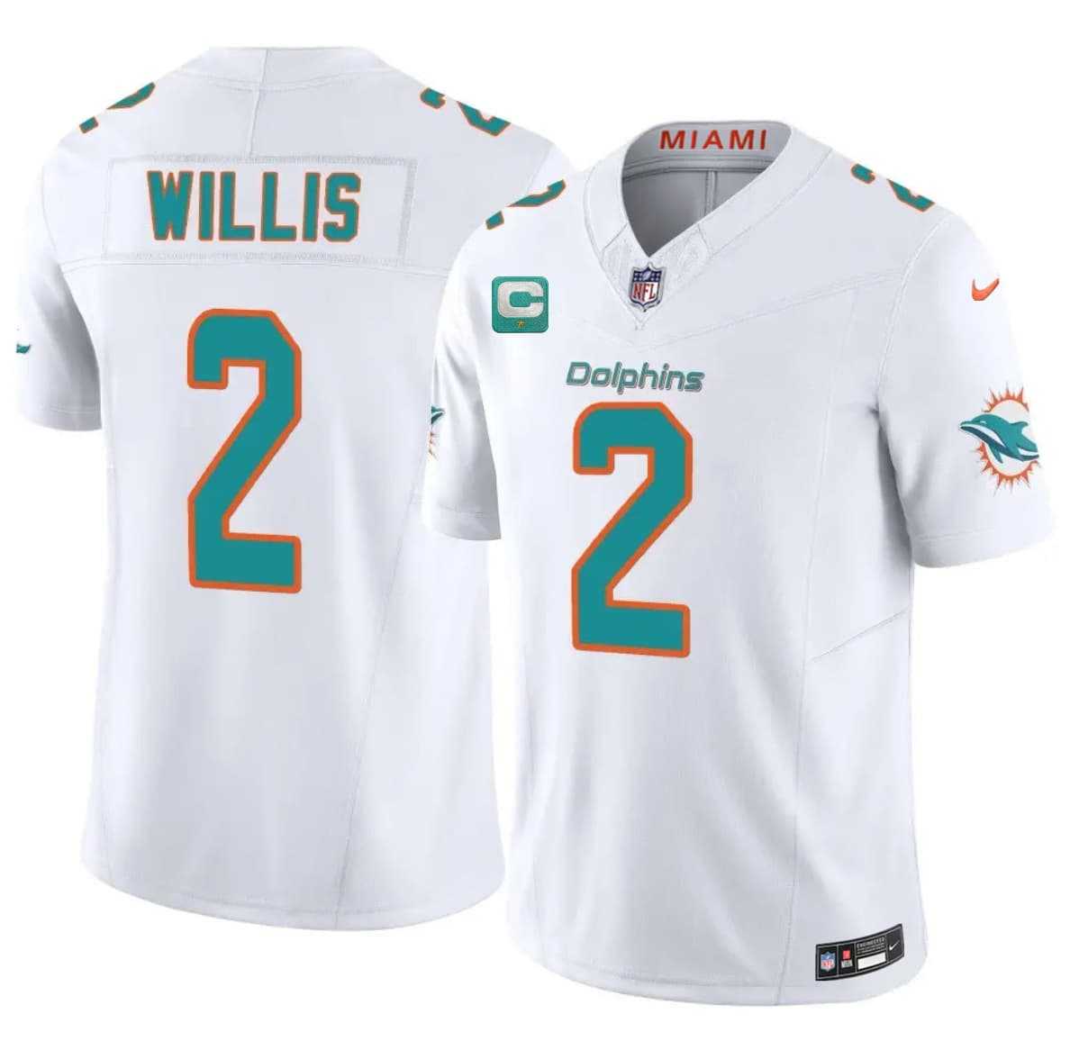 Mens Miami Dolphins #2 Malik Willis White 2026 F.U.S.E. 1-Star C Patch Vapor Limited Stitched Jersey Dzhi