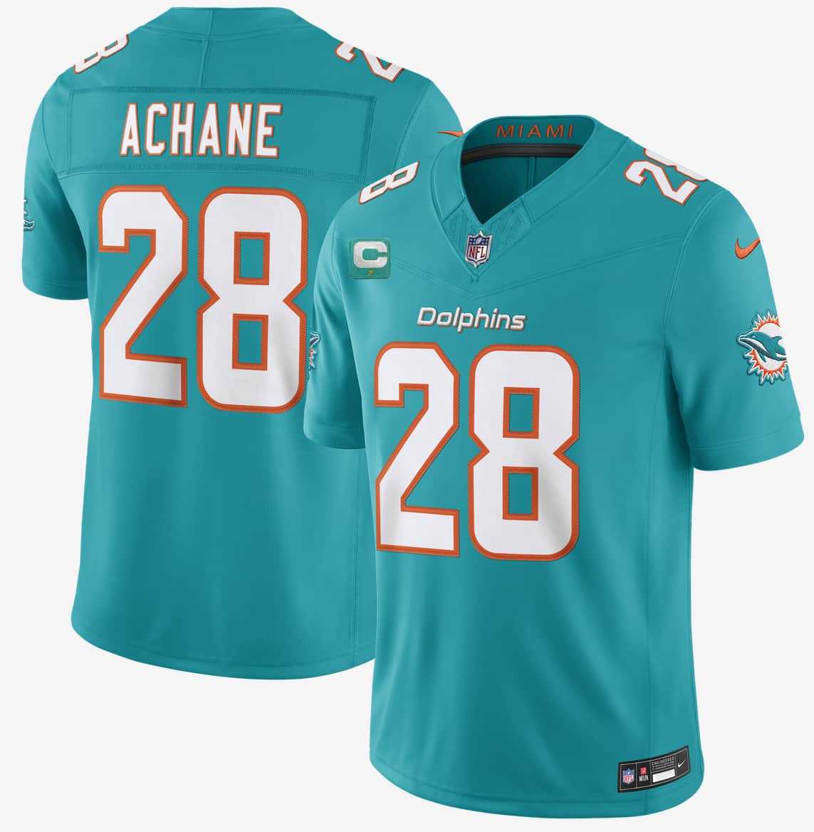 Mens Miami Dolphins #28 DeVon Achane Aqua 2026 F.U.S.E. 1-Star C Patch Vapor Limited Stitched Jersey Dzhi