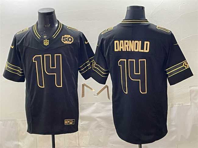 Mens Seattle Seahawks #14 Sam Darnold Black Gold 2025 F.U.S.E. 50th Season Patch Vapor Limited Stitched Jersey