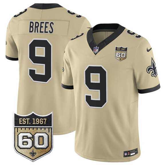 Mens New Orleans Saints #9 Drew Brees Gold 2026 F.U.S.E 60th Anniversary Patch Vapor Limited Stitched Jersey Dzhi