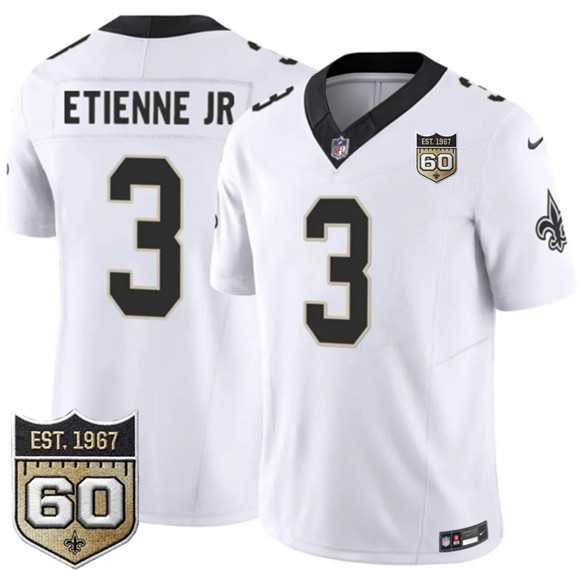 Mens New Orleans Saints #3 Travis Etienne Jr White 2026 F.U.S.E 60th Anniversary Patch Vapor Limited Stitched Jersey Dzhi