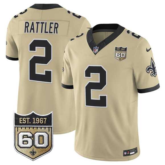 Mens New Orleans Saints #2 Spencer Rattler Gold 2026 F.U.S.E 60th Anniversary Patch Vapor Limited Stitched Jersey Dzhi
