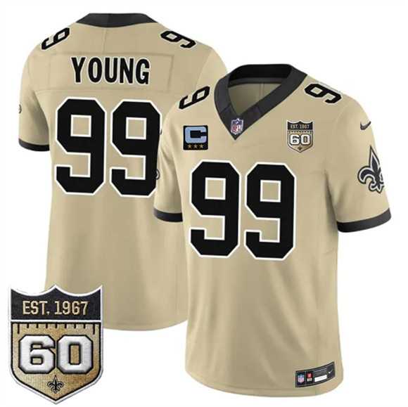 Mens New Orleans Saints #99 Chase Young Gold 2026 F.U.S.E With 3-Star C Patch And 60th Anniversary Patch Vapor Limited Stitched Jersey Dzhi
