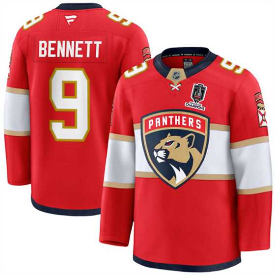 Mens Florida Panthers #9 Sam Bennett Red Home 2025 Stanley Cup Champions Patch Stitched Hockey Jersey Dzhi