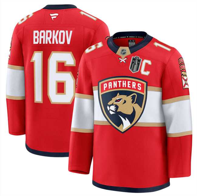 Mens Florida Panthers #16 Aleksander Barkov Red 2025 Stanley Cup Final Patch Stitched Hockey Jersey Dzhi