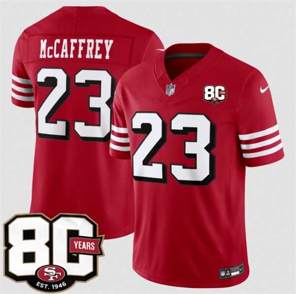 Mens San Francisco 49ers #23 Christian McCaffrey New Red 80th Anniversary Patch 2026 F.U.S.E. Vapor Untouchabl Limited Stitched Jersey Dzhi