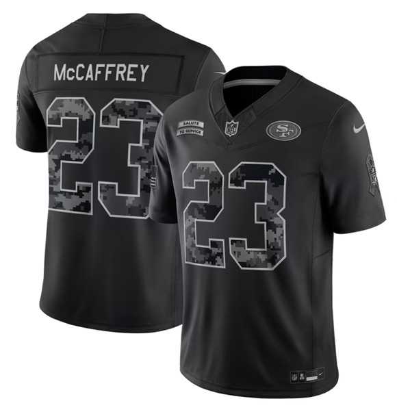 Mens San Francisco 49ers #23 Christian McCaffrey Black 2026 F.U.S.E. Salute to Service Limited Stitched Jersey
