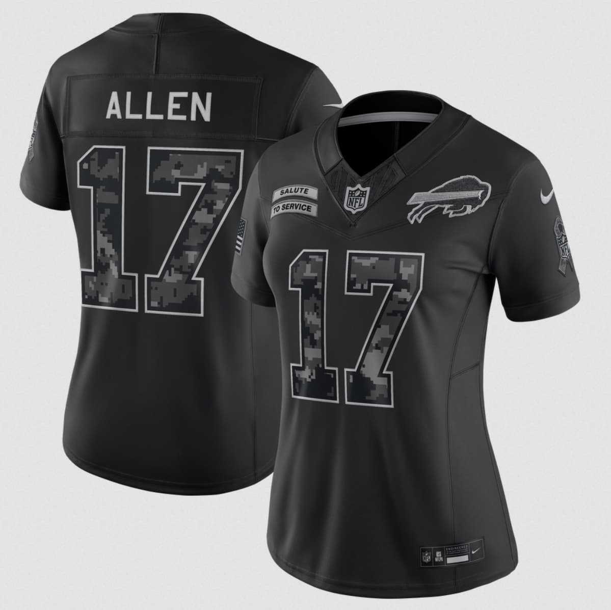 Womens Buffalo Bills #17 Josh Allen Black 2026 F.U.S.E. Salute to Service Limited Stitched Jersey(Run Small)
