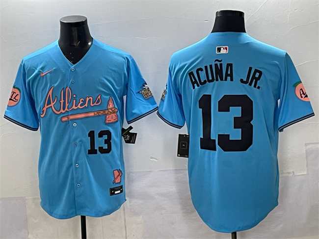 Mens Atlanta Braves #13 Ronald Acuna Jr. Blue 2024 Atliens & Peach With Outkast Patch Vapor Limited Stitched Jersey