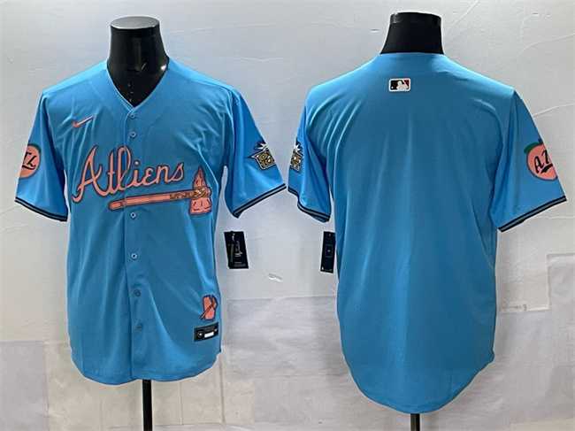 Mens Atlanta Braves Blank Blue 2024 Atliens & Peach With Outkast Patch Vapor Limited Stitched Jersey