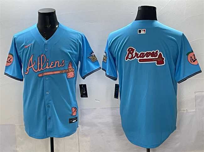 Mens Atlanta Braves Team Big Logo Blue 2024 Atliens & Peach With Outkast Patch Vapor Limited Stitched Jersey